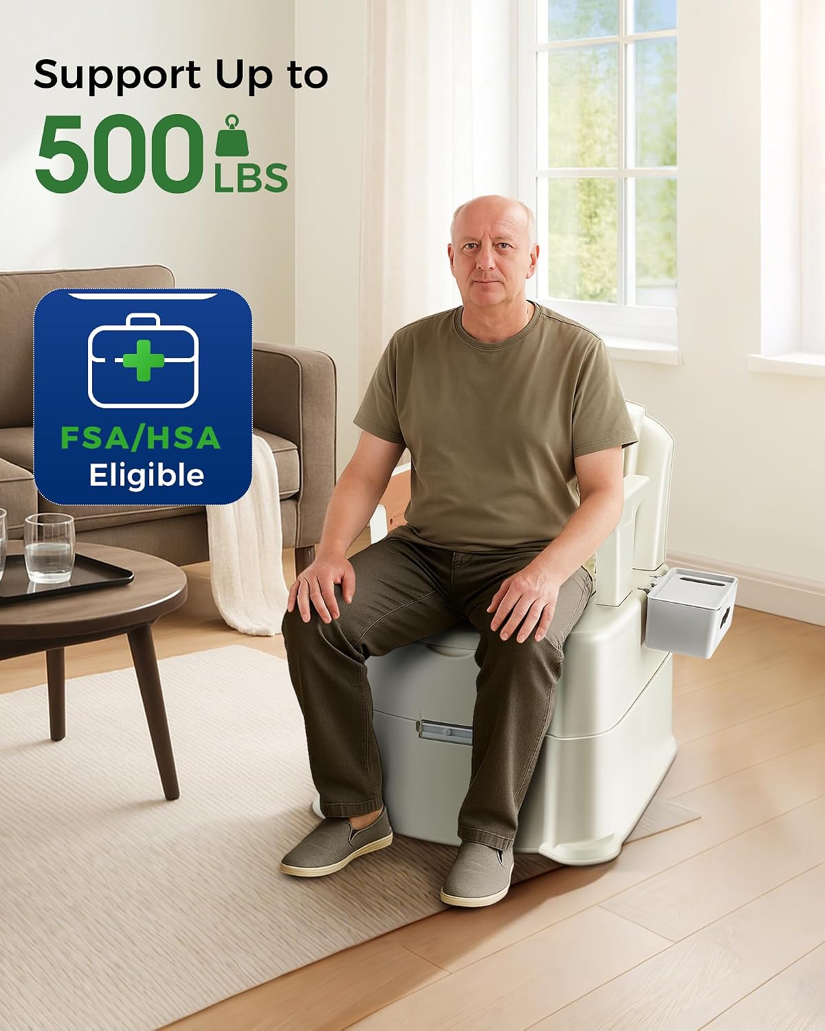 Bedside Commode, 500lbs Heavy Duty & Upgraded Commode Toilet Potty Chair, Portable Camping Toilet, Detachable Armrests, Automatic LED Light, 2-Level Height, 3 Rolls of Commode Liners 【Brown】