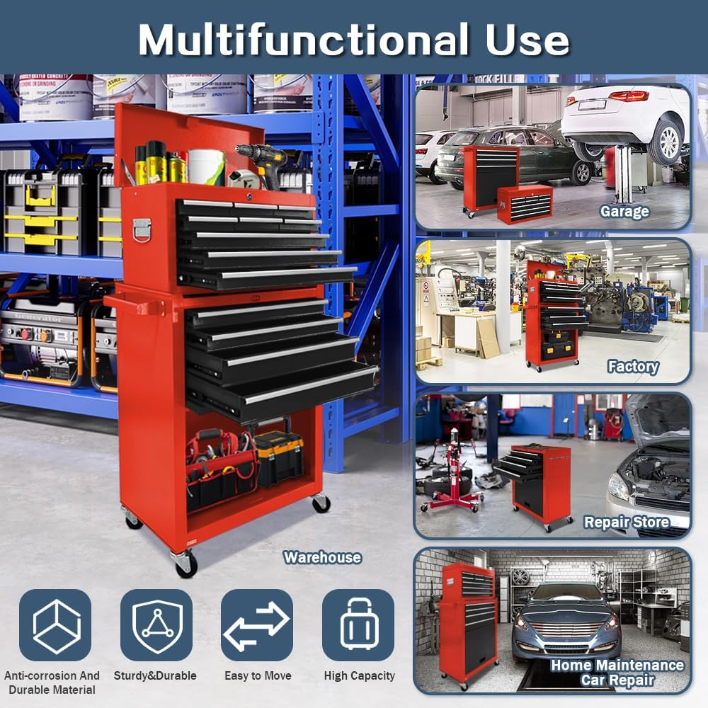 13-Drawer Rolling Tool Chest, 2-in-1 Heavy Duty Detachable Storage Cabinet with Lockable Wheels & Removable Top Box, 600 lbs Capacity for Mechanics, Garage Workshop (Red＆Black)