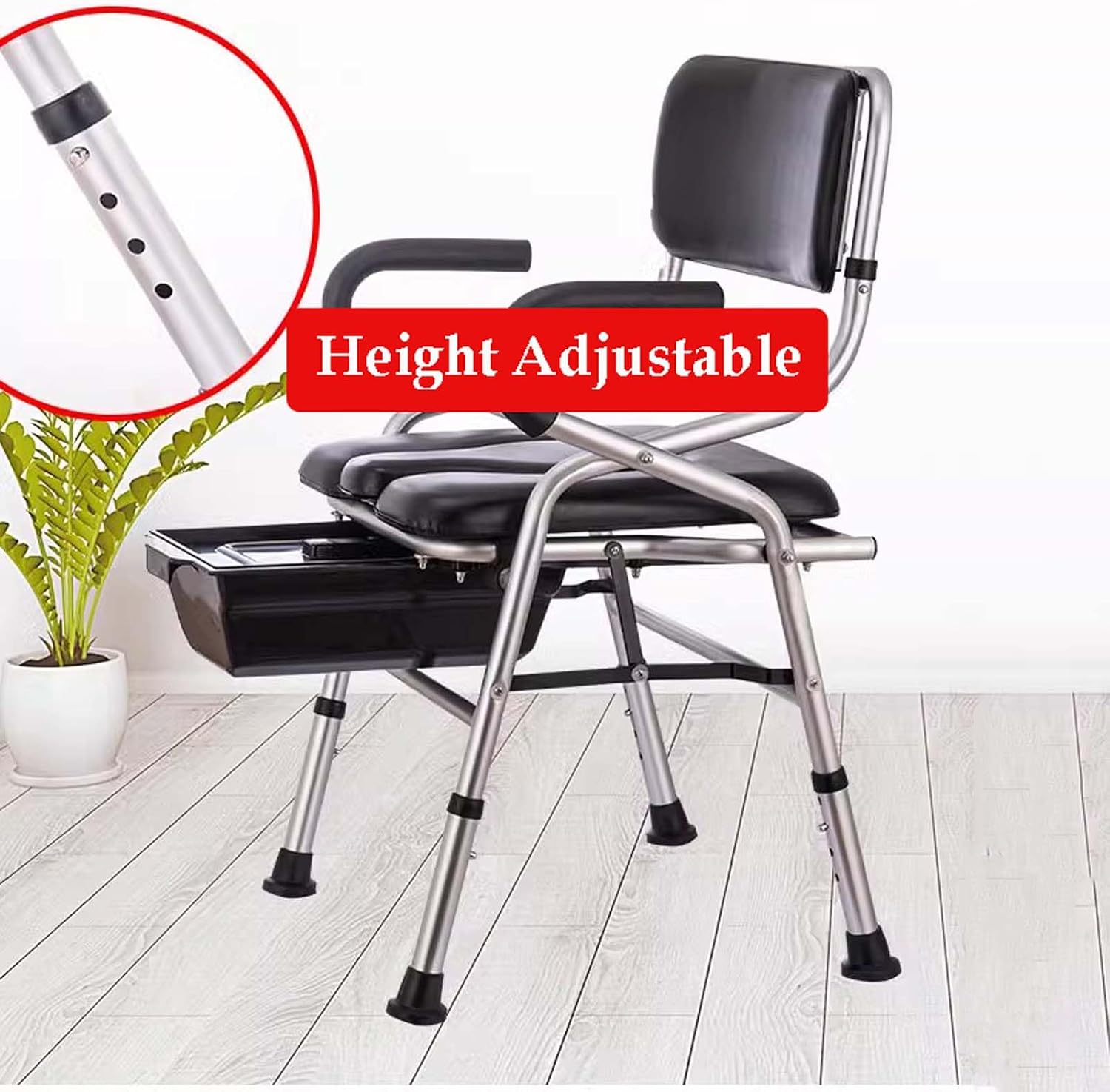 Commode Chair for Seniors, Folding Steel Bedside Commode Chair, Height Adjustable Toilet Shower Chair with Removable Bucket, Easy No Tool Assembly, Bedside Commodes Black