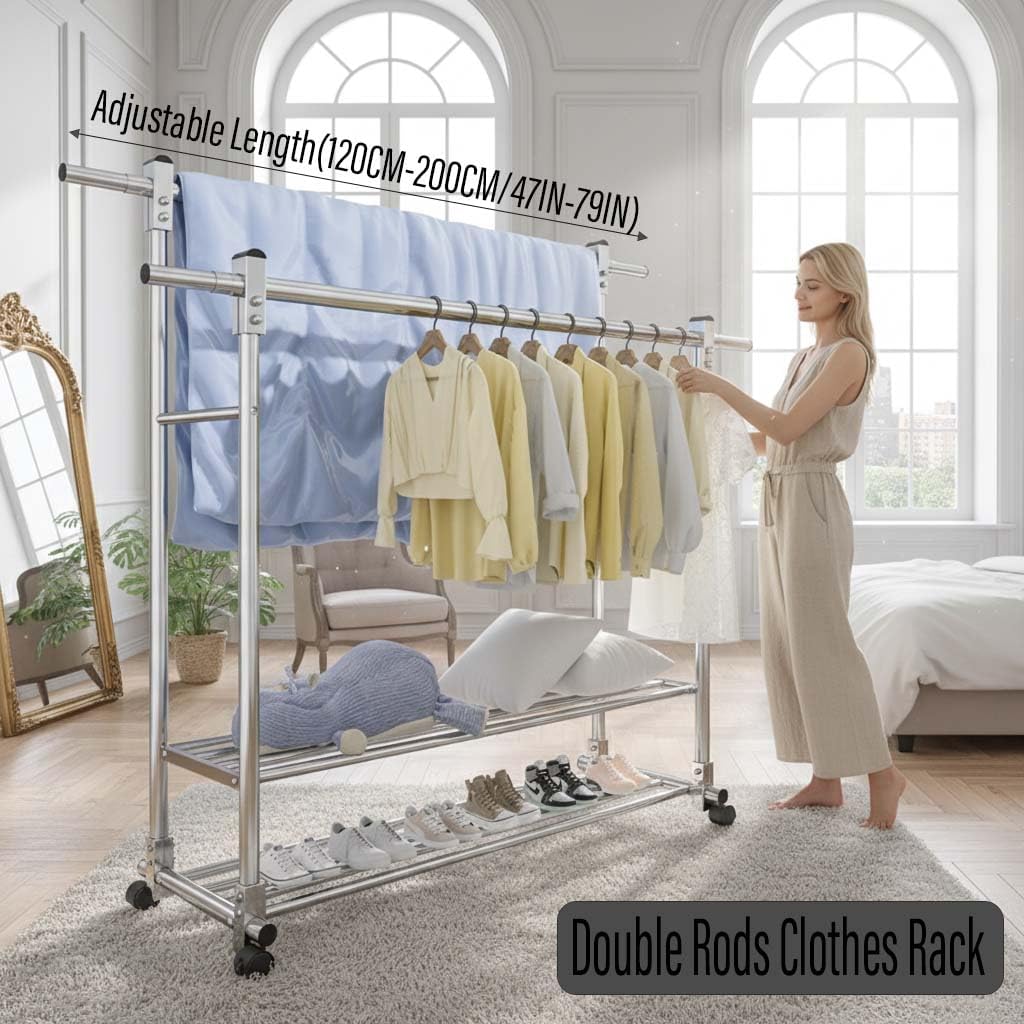 YSUEFIJO Mobile Stainless Steel Laundry Hanger, Double Bars Telescopic Extendable Clothes Drying Rack, Foldable Clothes Organizer, Garment Rack with Wheels, Indoor Outdoor Use