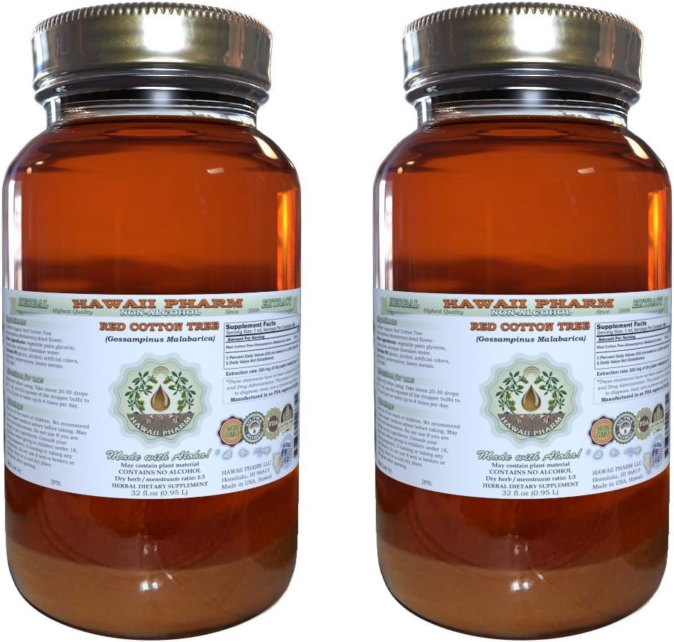 Hawaii Pharm Red Cotton Tree Alcohol-Free Liquid Extract, Red Cotton Tree (Gossampinus Malabarica) Dried Flower Glycerite Natural Herbal Supplement, 2x32 fl.oz