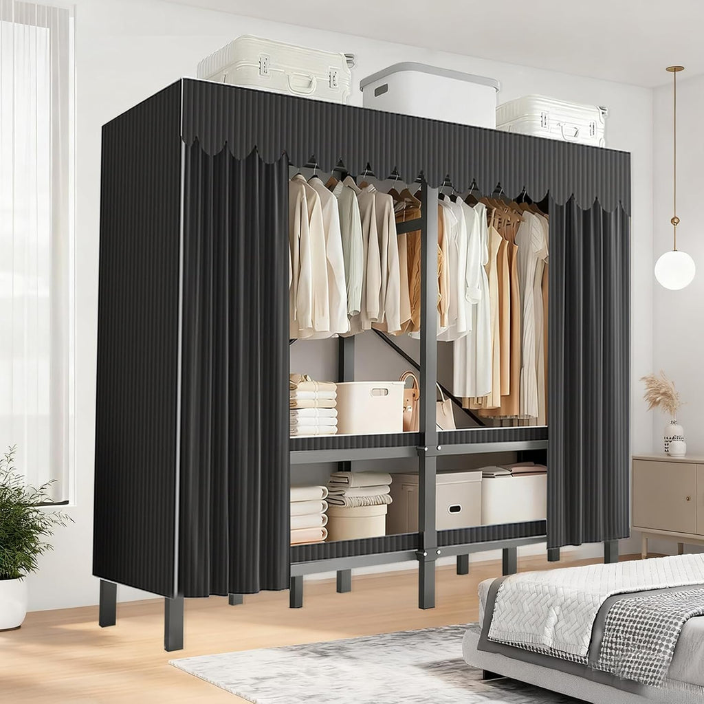 Foldable Portable Closet Wardrobe on Wheel Heavy Duty Metal Clothing Rack with Cover Freestanding Armoire Storage System Rolling Garment Racks for Hanging Clothes (D,Black Cover, 125cm/49.2in)