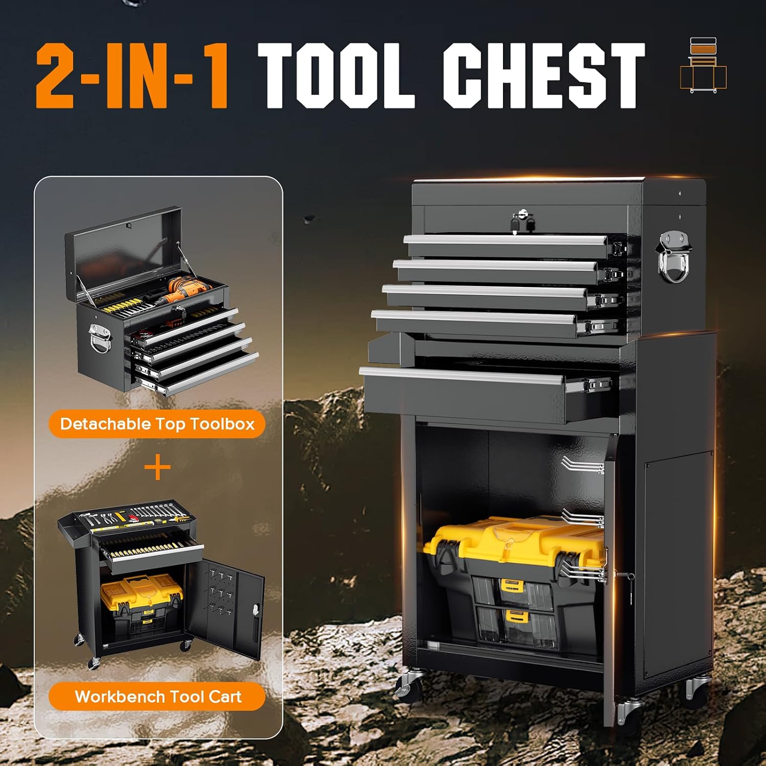 Incbruce 5-Drawer Metal Rolling Tool Chest, High Capacity Toolbox Organizer with Wheels, Detachable Tool Cabinet Top for Mechanics Garage and Workshop (Black)