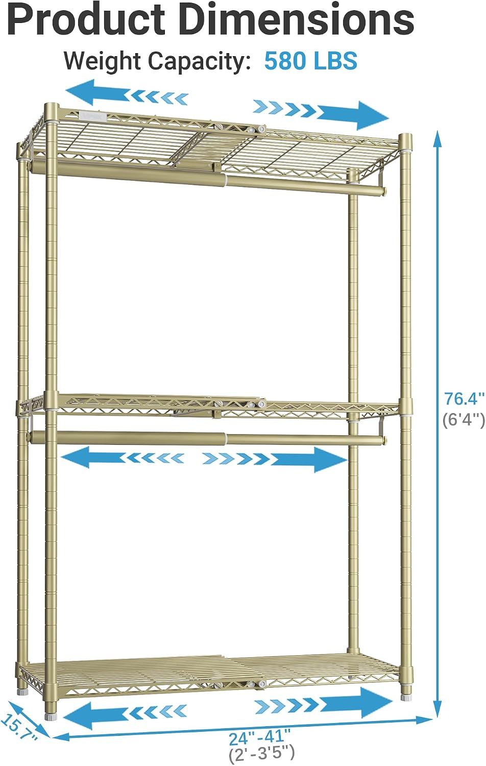 VIPEK X1 Expandable Clothes Rack Heavy Duty Adjustable from 2' to 3'5' with Adjustable Shelves and Hanger Rods, Reach-in & Walk-in Closets Metal Garment Racks Portable Closet, Gold