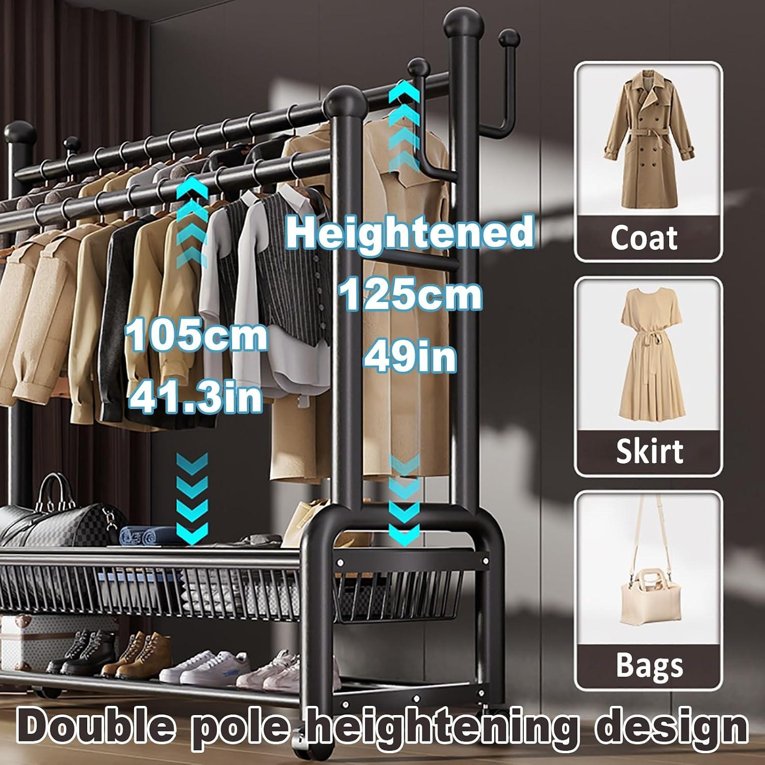 Heavy Duty Clothes Rack, Rolling Garment Rack With Wheels, Clothing Racks, Metal Portable Wardrobe Closet Racks For Bedroom, Entry Hall(White,80cm/31.5in)