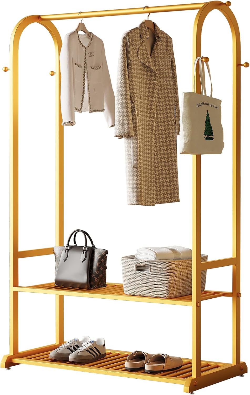 Gold Clothing Rack for Hanging Clothes,Sturdy metal clothes rack,Modern Garment Rack with Bottom Storage Shelves and 6 Side Hooks, Freestanding Wardrobe Rack for Bedroom or Closet