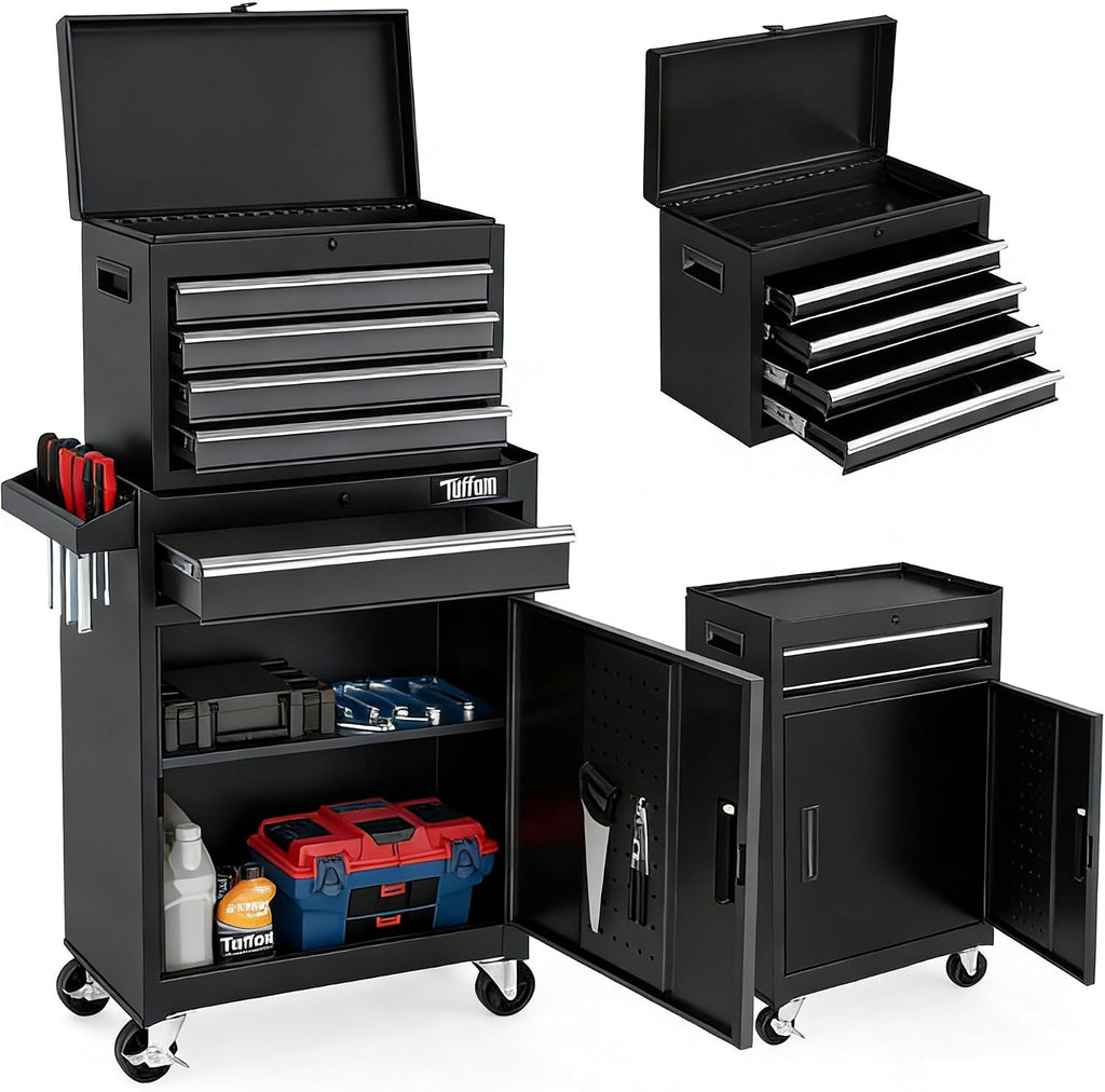 TUFFIOM 5-Drawer Rolling Tool Chest, Tool Storage Cabinet w/Drawers, Lockable Wheels, Detachable Top & Adjustable Shelf, Mechanic Tool Organizer Box for Garage, Workshop, Warehouse & Repair Shop
