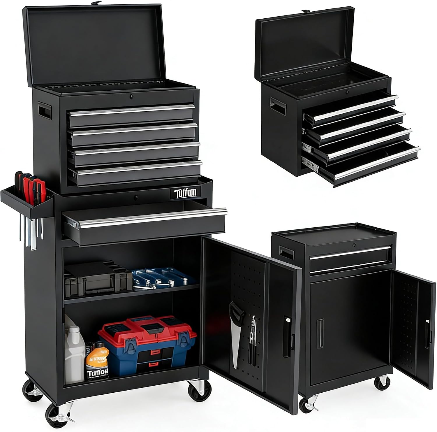 TUFFIOM 5-Drawer Rolling Tool Chest, Tool Storage Cabinet w/Drawers, Lockable Wheels, Detachable Top & Adjustable Shelf, Mechanic Tool Organizer Box for Garage, Workshop, Warehouse & Repair Shop