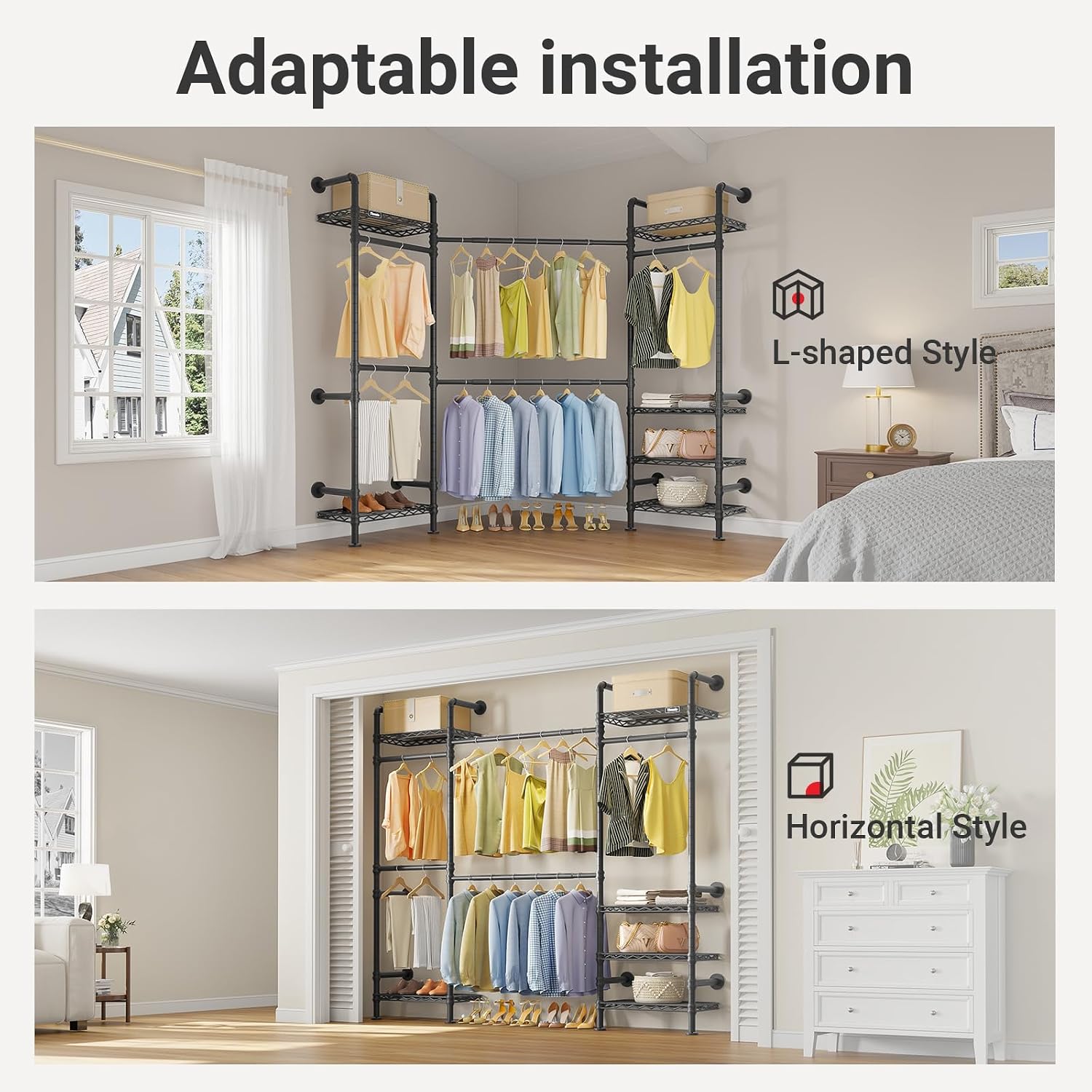 Timate F3 Medium Wall Mounted Clothes rack Expandable Closet, Industrial Pipe Clothing Rack for Hanging Clothes, Heavy Duty Clothes Rack with Shelves, Garment Rack Wall Closet System Black Pipe Closet