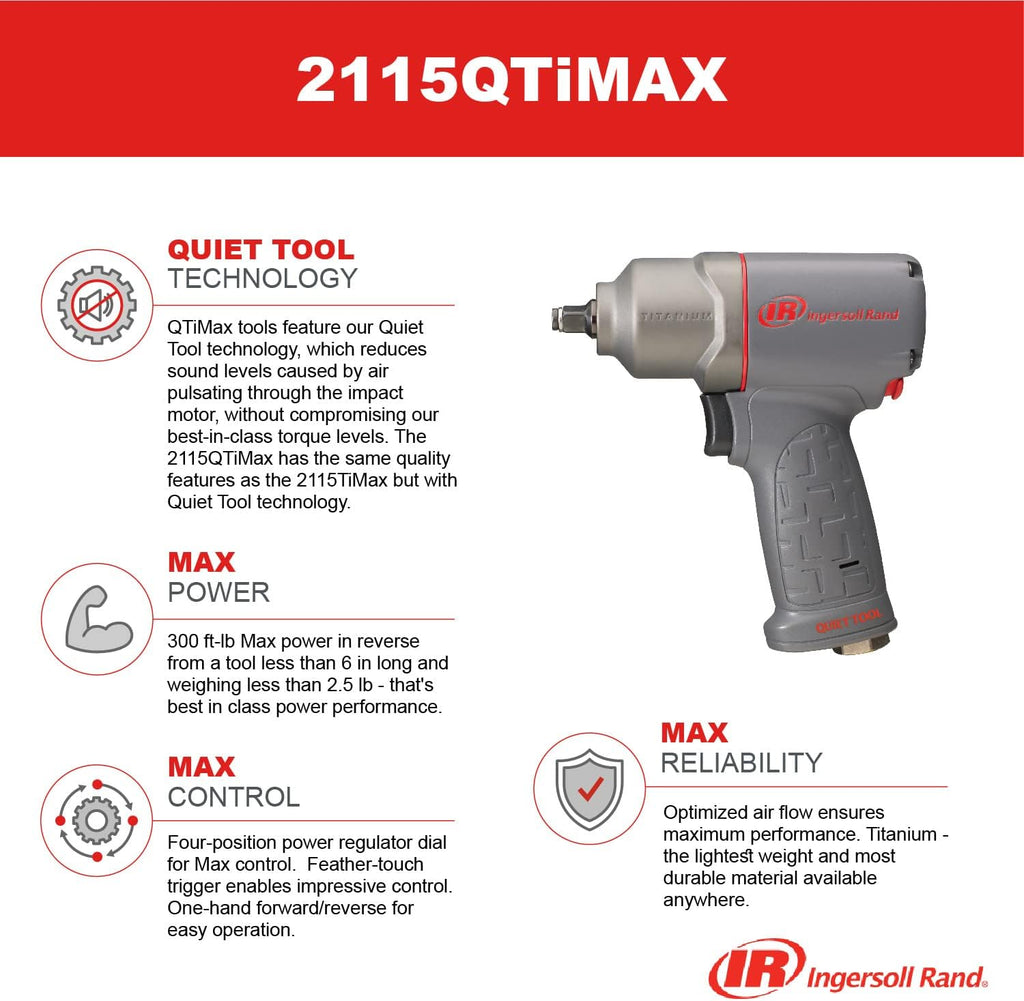 Ingersoll Rand 2115QTIMAX 3/8' Air Impact Wrench, Quiet, 300 ft-lb Torque, Titanium Hammercase, Friction Ring Retainer, Pistol