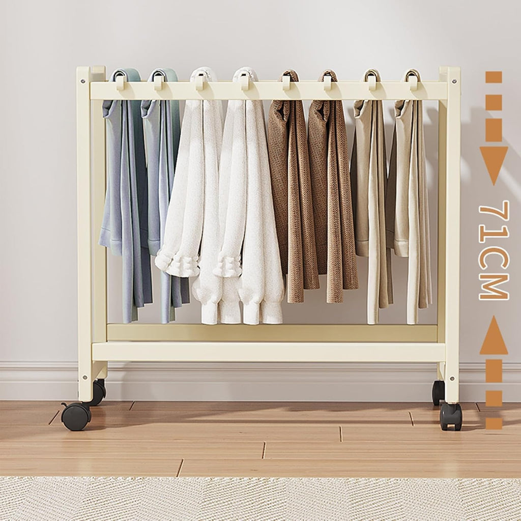 Natural Wood Rolling Garment Rack with Wheels - Freestanding Metal Clothes Organizer for Bedroom, Laundry Room, and Closet - Perfect for Trousers, Skirts, and Scarves Storage