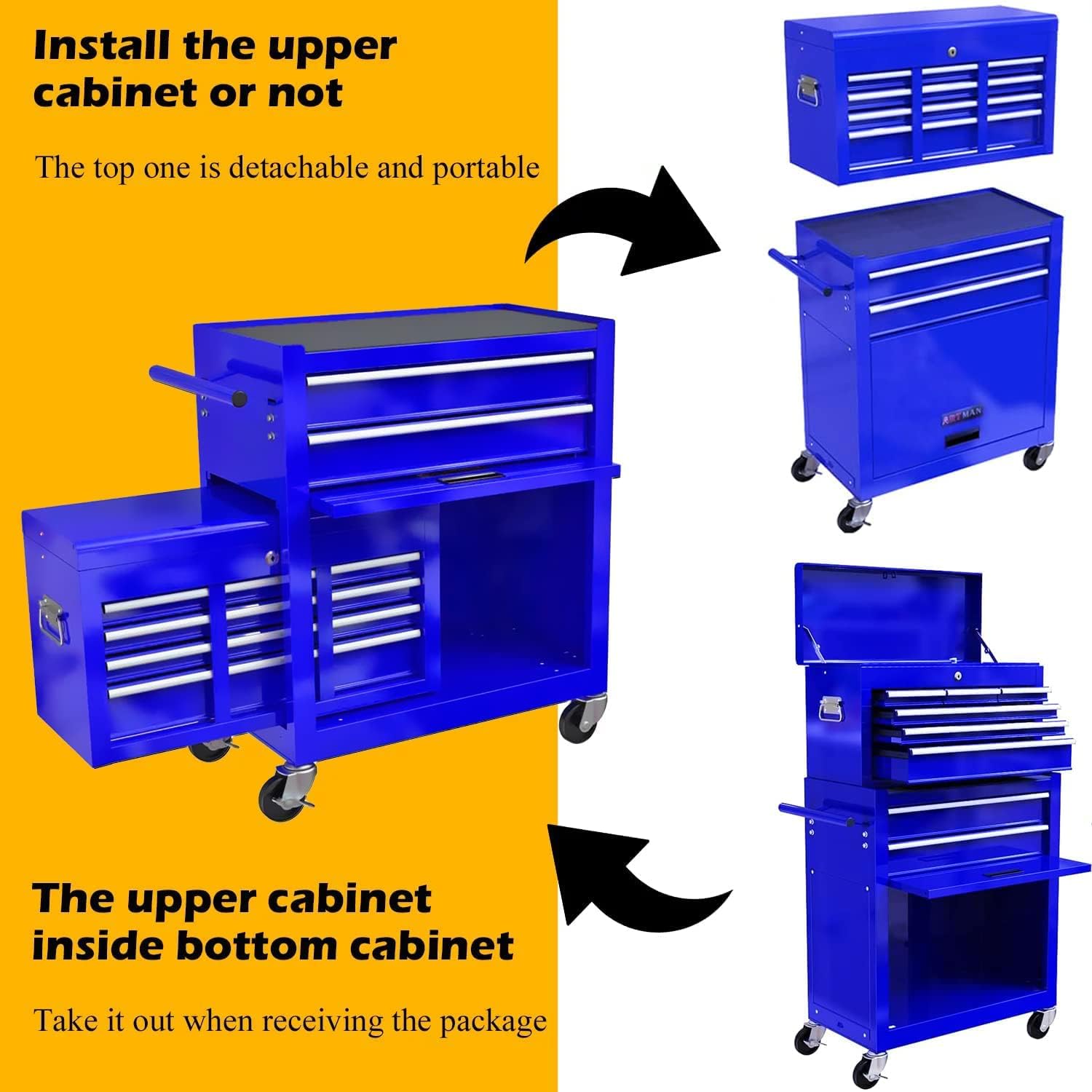 Campfun Rolling Tool Chest with Wheels, 8-Drawer Tool Box Organizer Tool Cabinet, Detachable Large Tool Cabinet with Lock, Mechanic Tool Cart High Capacity Tool Storage Cabinet, Blue