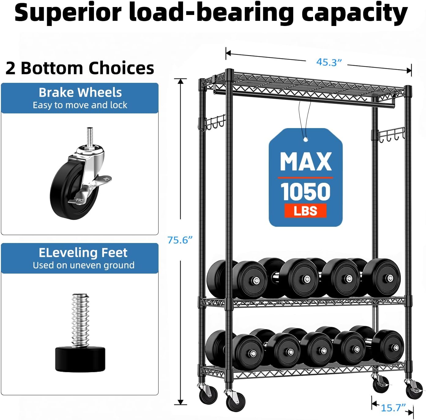 3-Tier High-Strength Rolling Garment Rack Adjustable Wire Shelving Clothing Closet Storage with Hanging Rod Side Hooks Wheels Black 15.7' D x 45.3' W x 75.6' H