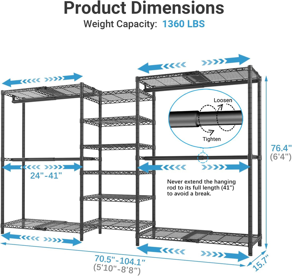 VIPEK X3 Plus Large Expandable Closet Rack Adjustable from 5'10' to 8'8' with Extendable Shelves and Hanger Rods, Freestanding Clothing Racks Modular Closet Systems Wardrobe, Max Load 1360LBS, Black