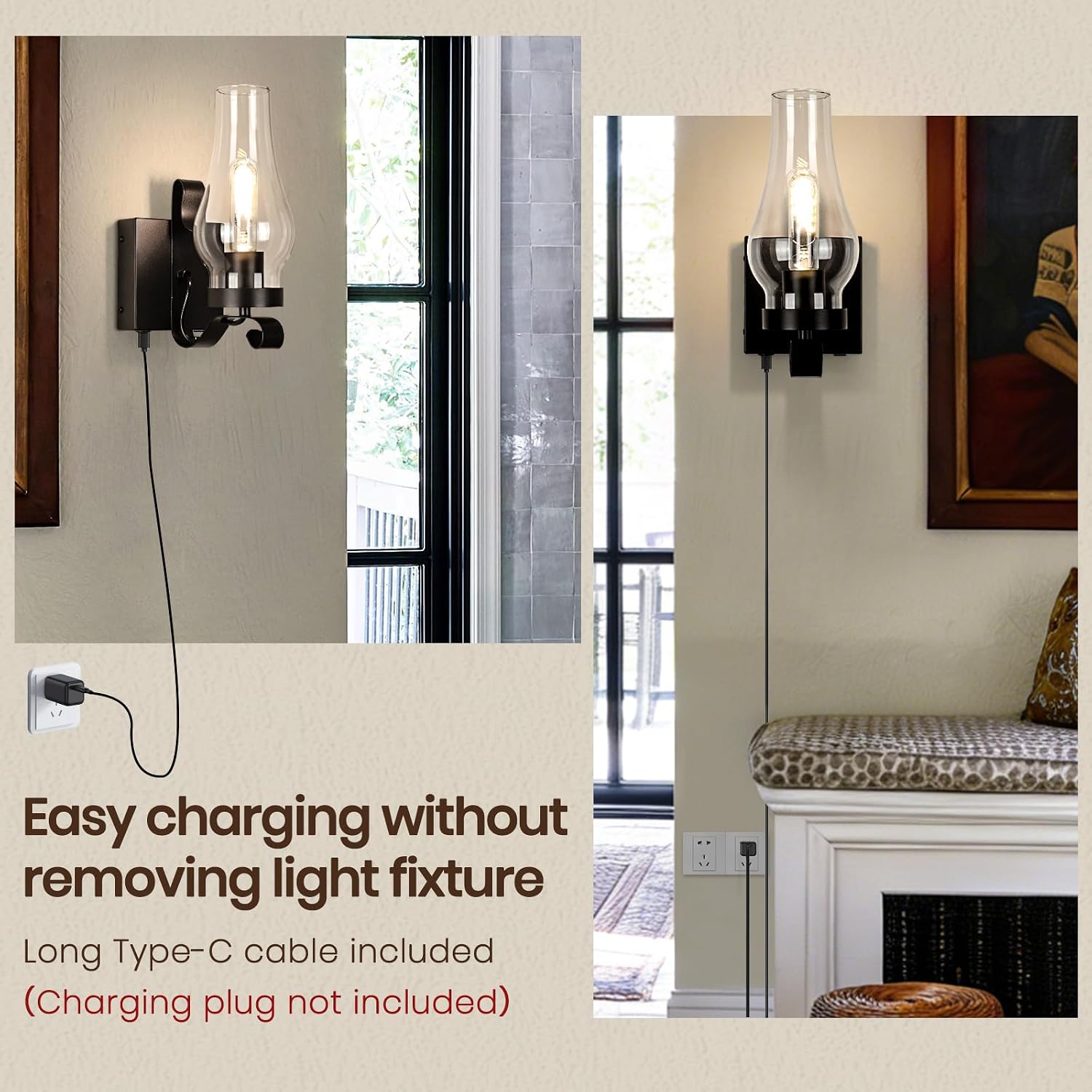 Battery Operated Wall Sconce, Rechargeable Rustic Wall Lights Set of 2, Non-Hardwired Antique Kerosene Wall Lamps, Black Vintage Bedside Wall Sconces with Remote for Bedroom, Hallway etc