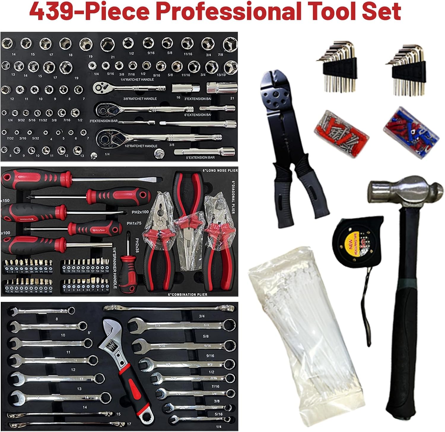 3 Drawer Tool Chest 439-Piece Mechanics Tool Set with Lock, Portable Household Tool Kit Heavy Duty Metal Tool Box for Garage, Warehouse,Workshop and Auto Repair (Red)