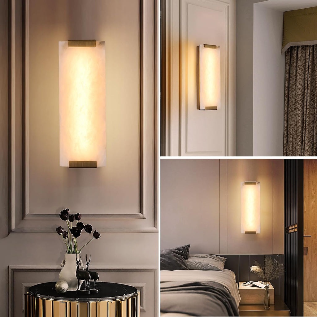 14.2in Alabaster Wall Sconces, Large Natural Marble Wall Sconces Set of Two, LED Modern Wall Lamp for Bedroom, Stairs, Living Room, Vanity, Bedside, Hallway （Brushed Bronze 12W）