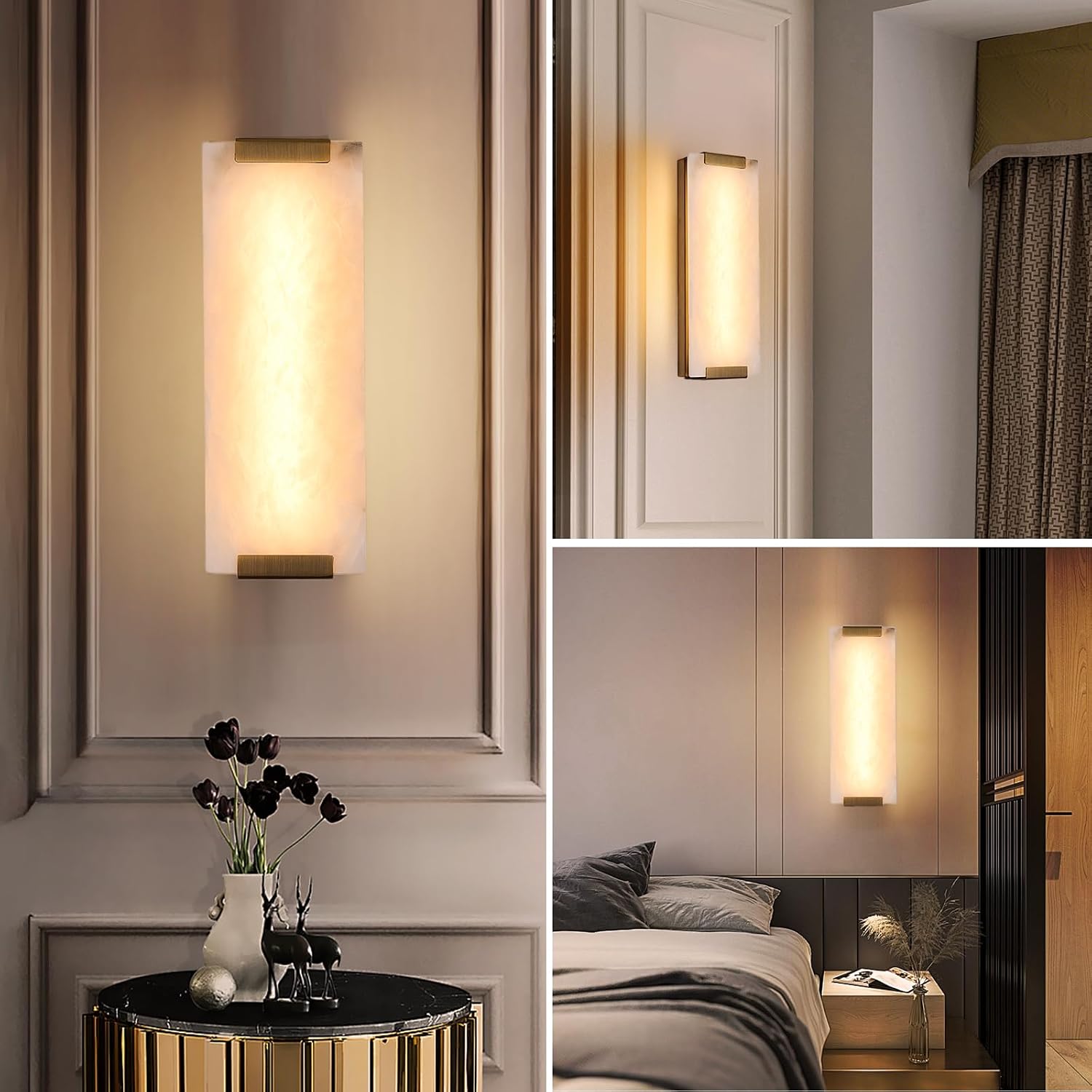 14.2in Alabaster Wall Sconces, Large Natural Marble Wall Sconces Set of Two, LED Modern Wall Lamp for Bedroom, Stairs, Living Room, Vanity, Bedside, Hallway （Brushed Bronze 12W）