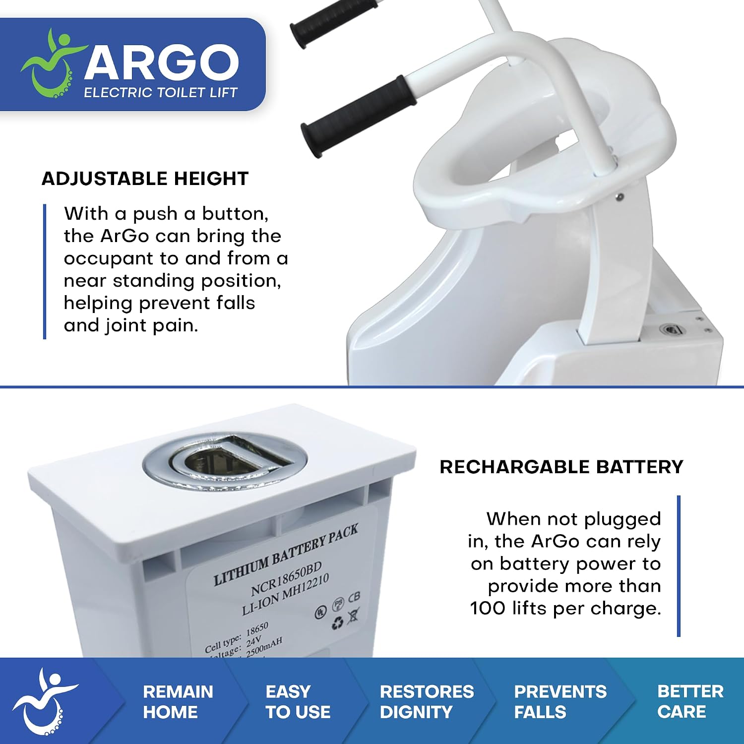 Argo Electric Toilet Lift, Quiet Elevated Toilet Seat Riser for Seniors in Bathroom. Powered Toilet Lift Assist up to 450 lbs, White, Plug-in or Battery Powered