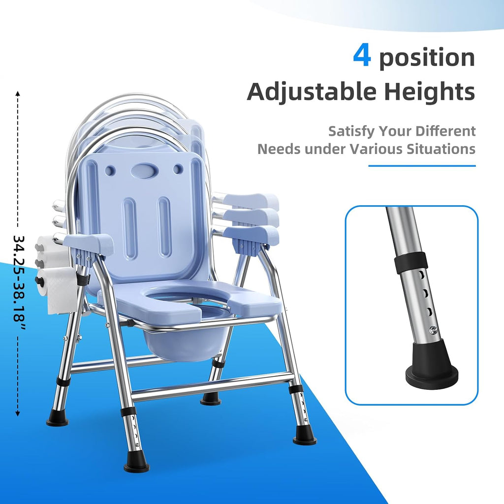 4 in 1 Folding Bedside Commode Chair for Elderly with Arms and Back,Adjustable Height Raised Toilet Seat with Handles,Adults Potty Chair for Seniors,Disabled,Holds Up to 350 lb (ABS Plastic Seat)