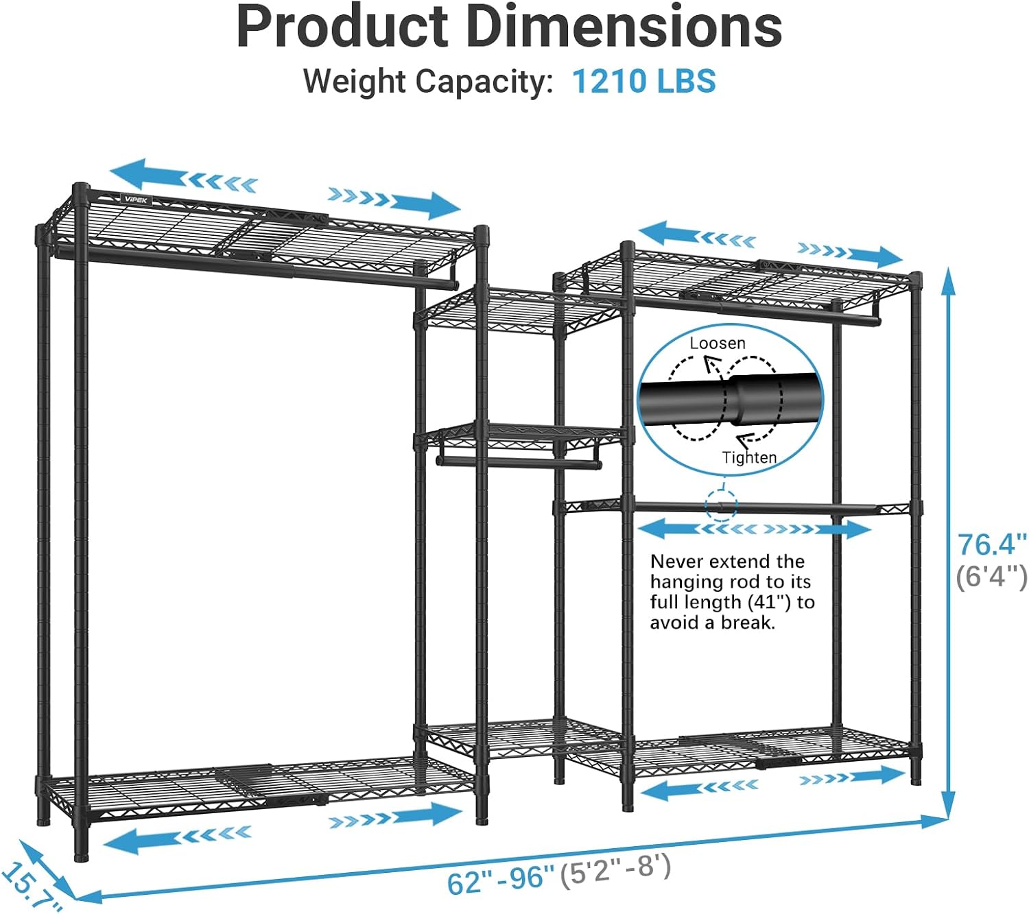 VIPEK Classic V6X Dynamic Closet System, Expandable Freestanding Clothes Rack with Shelves & Hanging Rods, Adjustable Width 62'-96', Modular Metal Clothing Rack Organizer for Reach-in Closet