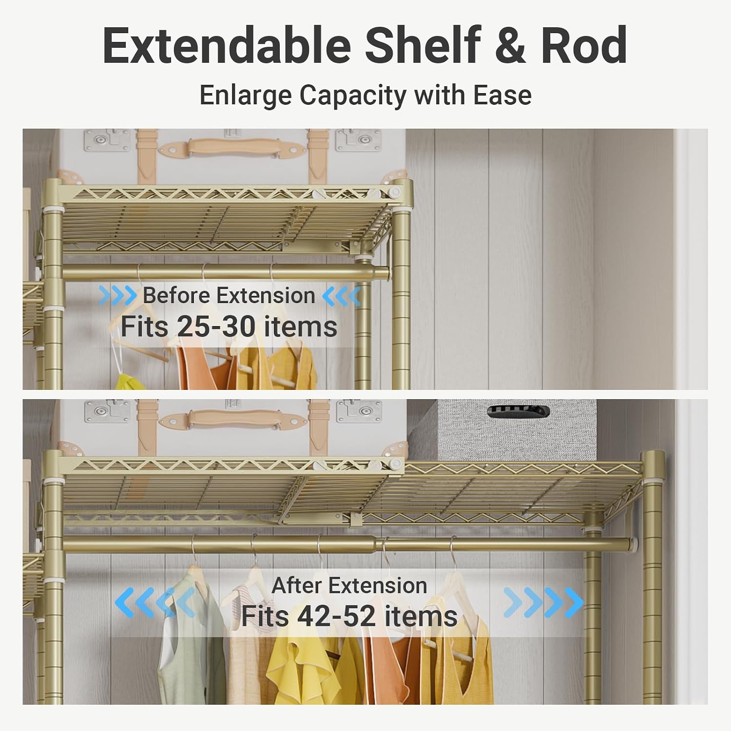 VIPEK X3 Expandable Heavy Duty Clothes Rack Adjustable from 5'2' to 8' with Adjustable Shelves and Hanger Rods, Large Freestanding Clothing Racks Reach-in & Walk-in Closet, Max Load 1210LBS, Gold