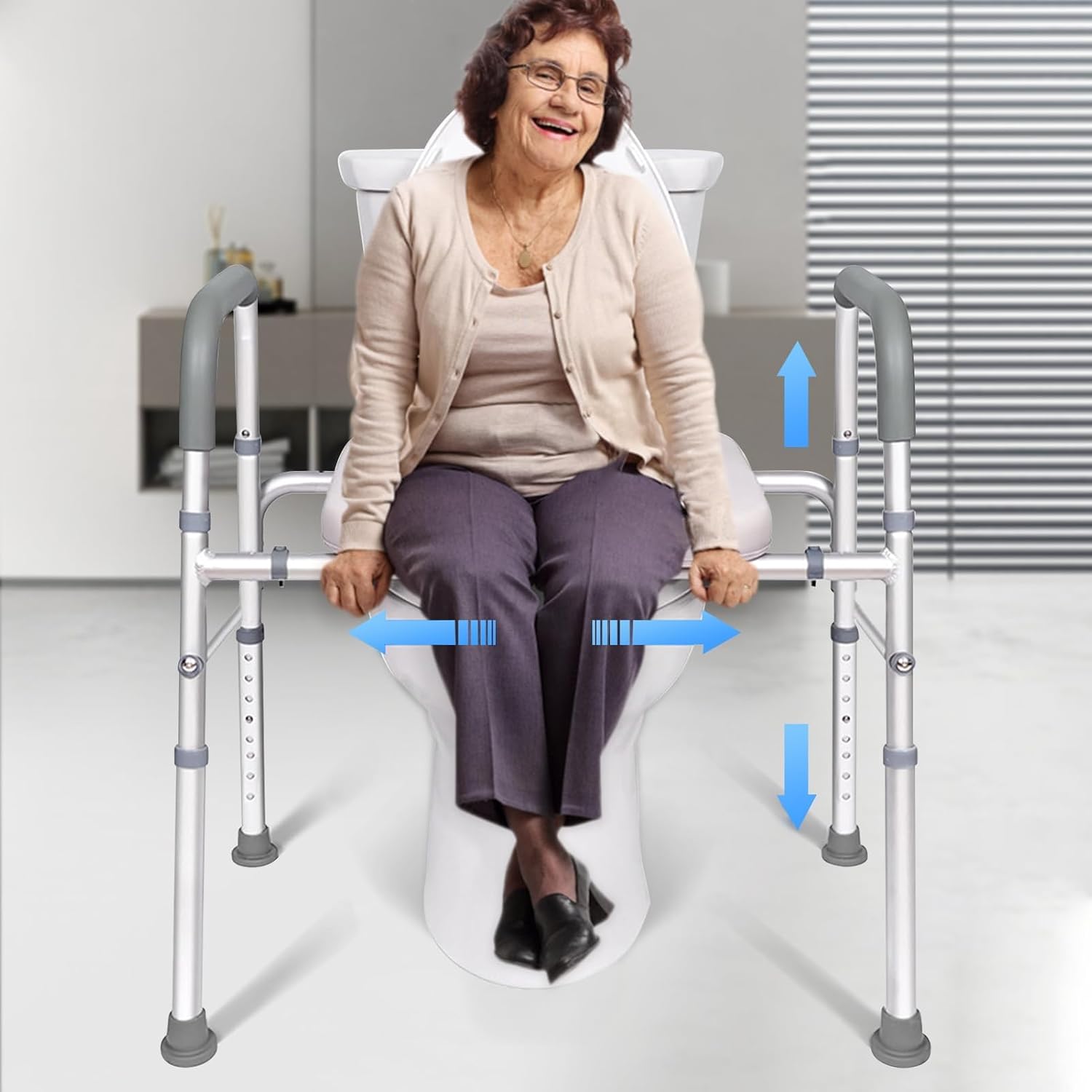 Adjustable Toilet Seat Riser for Seniors with Handles, Widened Commode Seat, rts Up to 300lbs, Ideal for Elderly Height & Width Adjustable (White)