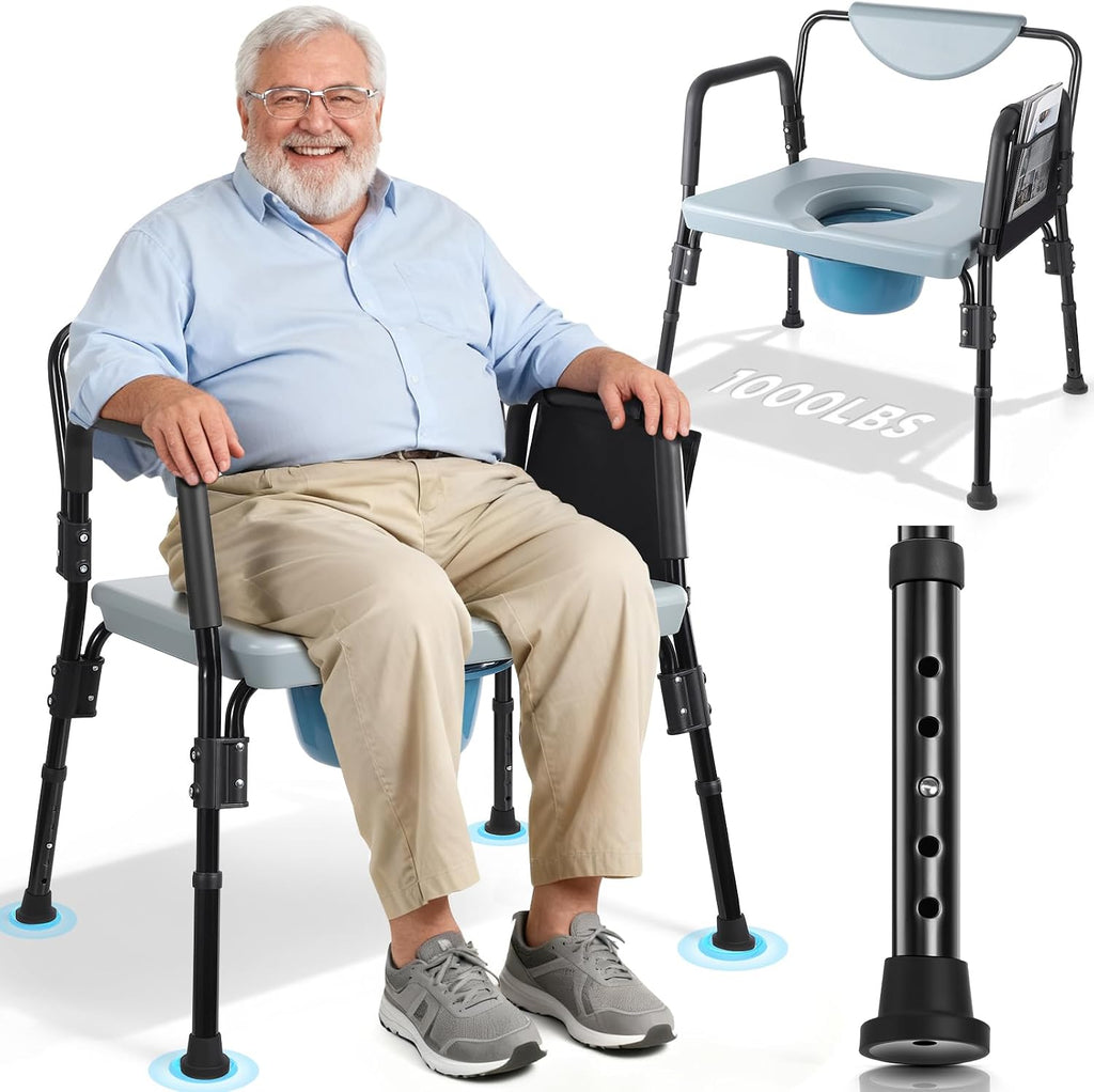 4-in-1 Bariatric Bedside Commode Chair, 1000lbs Heavy Duty Shower Chair, Extra-Wide Seat, Robust Carbon Steel, 5 Adjustable Height, Raised Toilet Seat for Seniors, Disabled, Bariatric Users