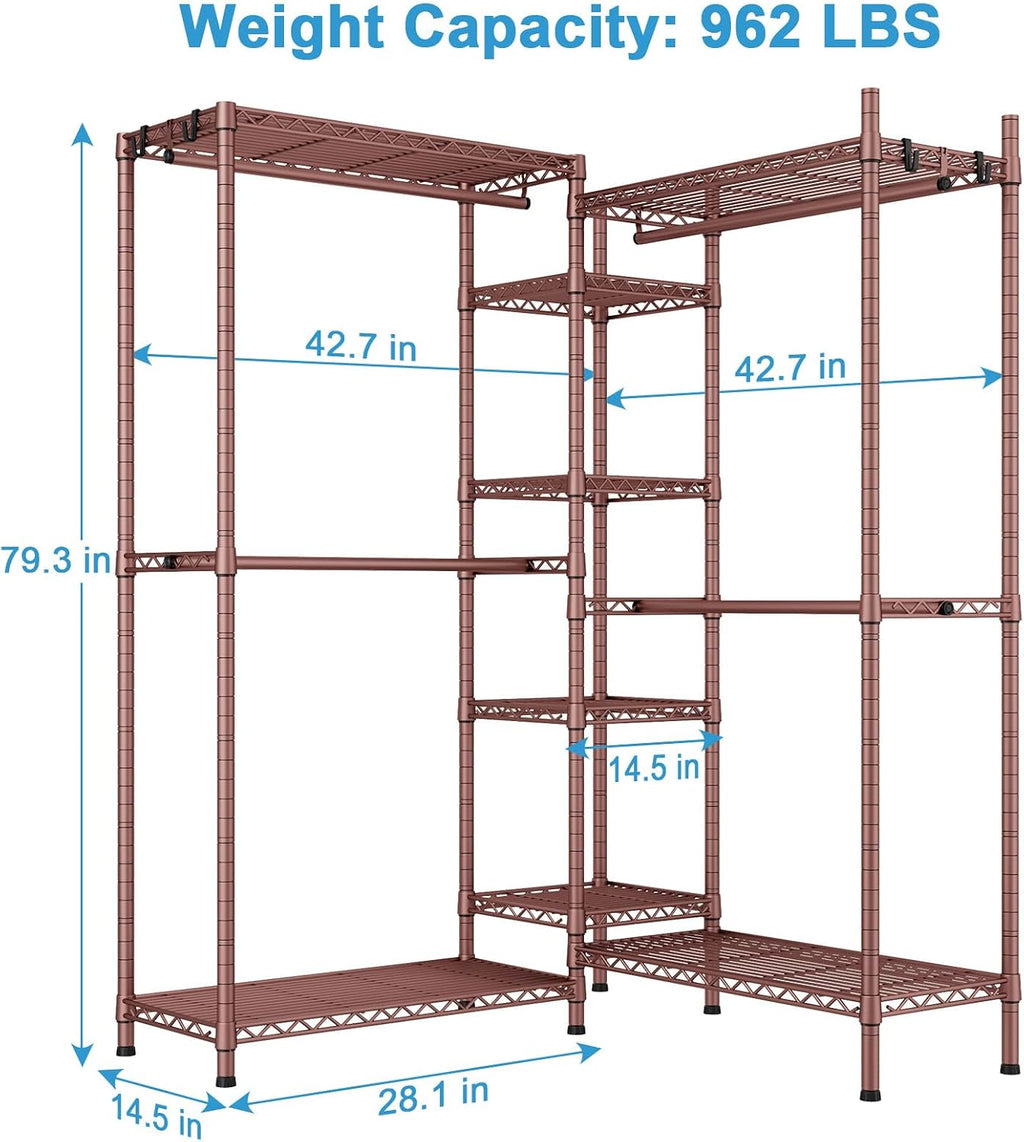 Ulif E4L L-shaped Clothes Rack, Heavy-Duty Garment Rack, Metal Freestanding Clothing Organization Storage System with Shelves and Hangers, Max Load 962lbs, 42.7' W x 42.7' D x 79.3' H, Bronze
