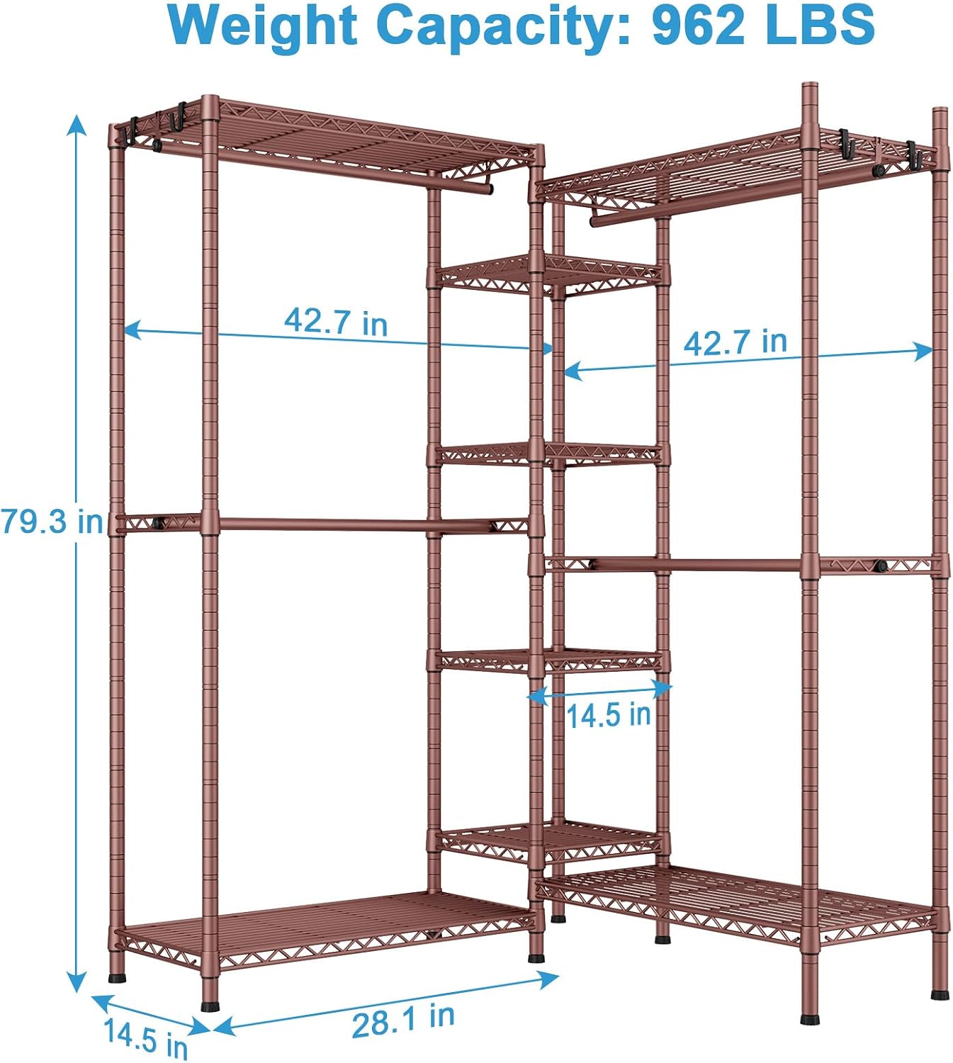 Ulif E4L L-shaped Clothes Rack, Heavy-Duty Garment Rack, Metal Freestanding Clothing Organization Storage System with Shelves and Hangers, Max Load 962lbs, 42.7' W x 42.7' D x 79.3' H, Bronze