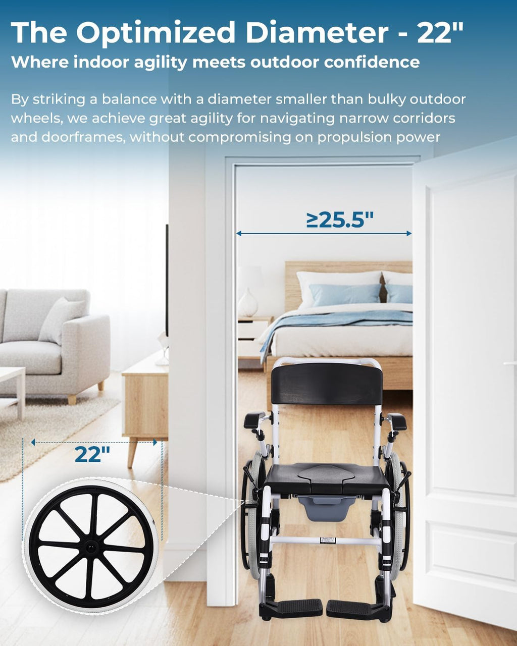 Self-Propelled Shower Wheelchair, Bedside Commode Chair with 22' Wheels, Bathroom Wheelchair for Inside Shower, Swivel Armrests, Waterproof Transport Wheelchair for Disabled&Elderly, 300LBS