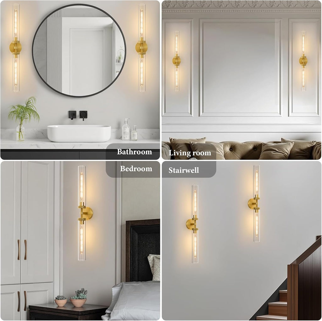 Knurled Brass Tube Wall Sconce - Set of 2 Luxury Modern Dimmable Sconces with Bulbs - Gold Glass Vanity Light Fixture - Vertical or Horizontal Mounted Indoor Lighting for Bathroom Bedroom Living Room