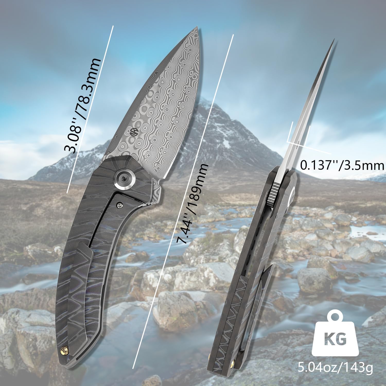 KANSEPT ODD 21 Pocket Folding Knives for Camping Hiking Folding Knife 3.06'' Damascus Blade EDC Knife with Titanium with Tiger Stripe Finish Handle for Men and Women Everyday Carry K1077A5