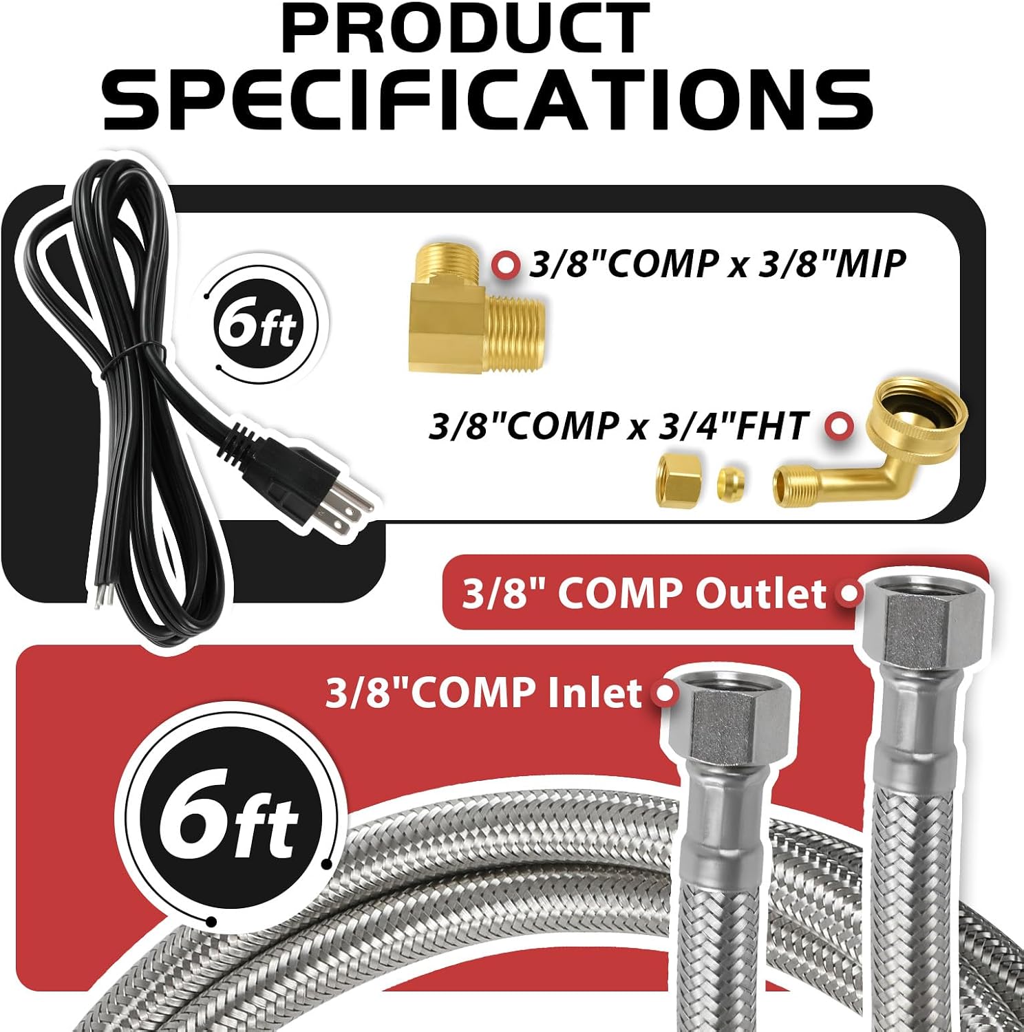 (5 Kit) Efield Dishwasher Installation Kit, 6 FT Stainless Steel Supply Hose, 3/8' X 3/8' Compression Adapter, 3-Wire 6' Power Cord with Tap,(HOSE149-5PCS)
