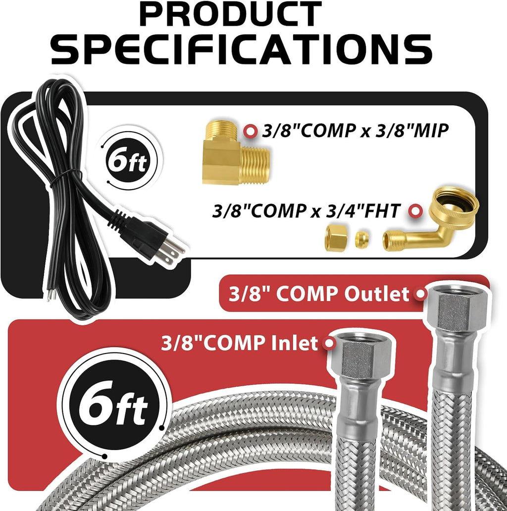(10 Kit) Efield Dishwasher Installation Kit, 6 FT Stainless Steel Supply Hose, 3/8' X 3/8' Compression Adapter, 3-Wire 6' Power Cord with Tap,(HOSE149-10PCS)