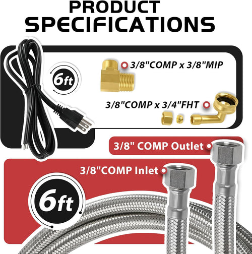 (10 Kit) Efield Dishwasher Installation Kit, 6 FT Stainless Steel Supply Hose, 3/8' X 3/8' Compression Adapter, 3-Wire 6' Power Cord with Tap,(HOSE149-10PCS)