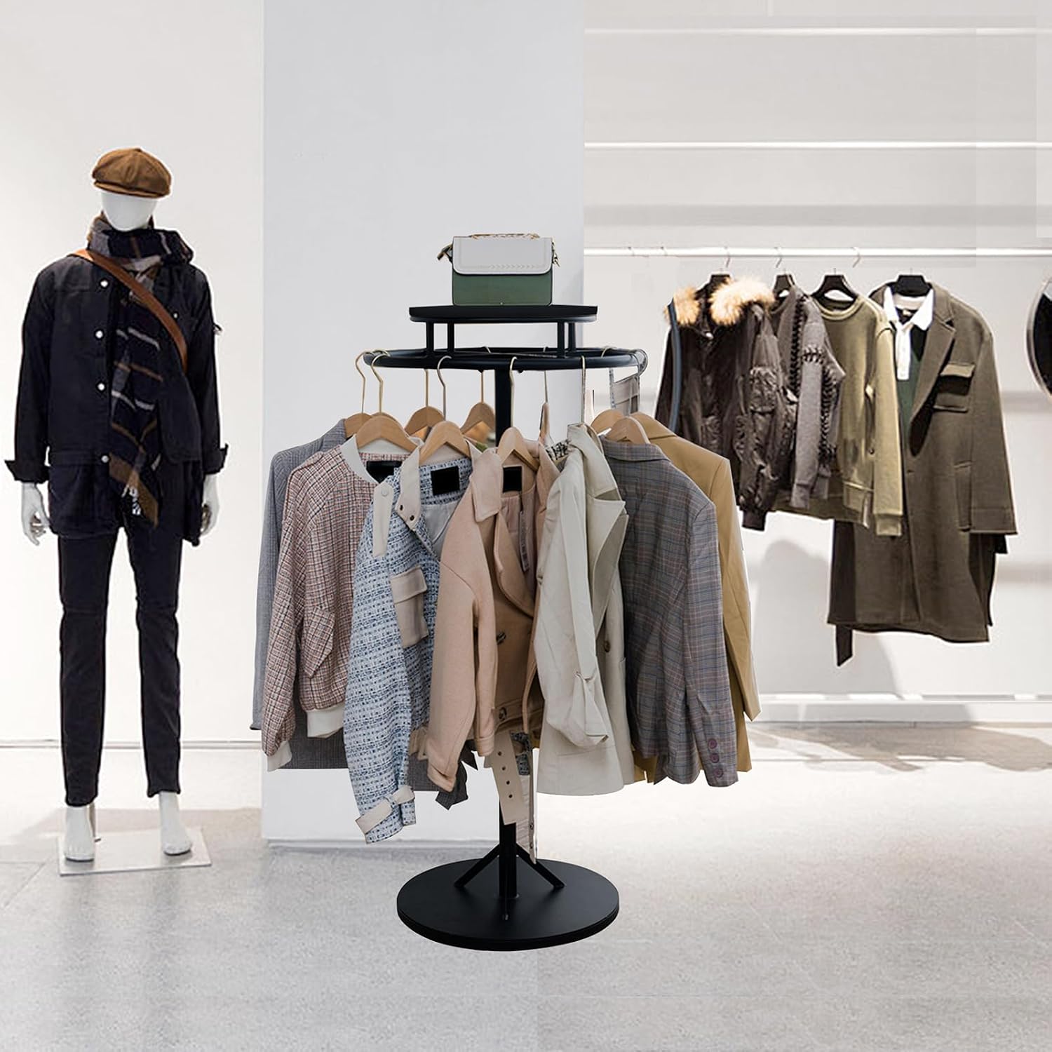 Round Garment Rack, Floor Standing Rotatable Clothing Rack, Clothes Retail Display Stand, for Bedroom Boutique Commercial Shop Laundry Room