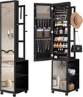 Hzuaneri 8 LEDs Jewelry Cabinet Armoire, 66.9-inch Jewelry Organizer with Garment Rack, Lockable Full-length Mirror with 4 Wheels, Storage Shelves with Hooks, 5-in-1, Black JC17004B