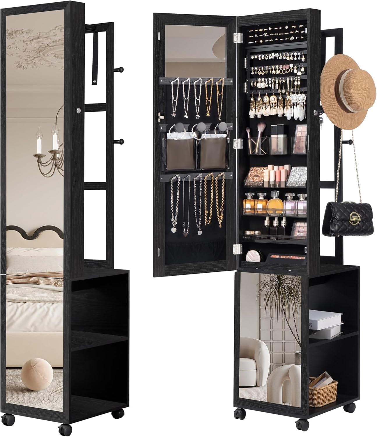 Hzuaneri 8 LEDs Jewelry Cabinet Armoire, 66.9-inch Jewelry Organizer with Garment Rack, Lockable Full-length Mirror with 4 Wheels, Storage Shelves with Hooks, 5-in-1, Black JC17004B