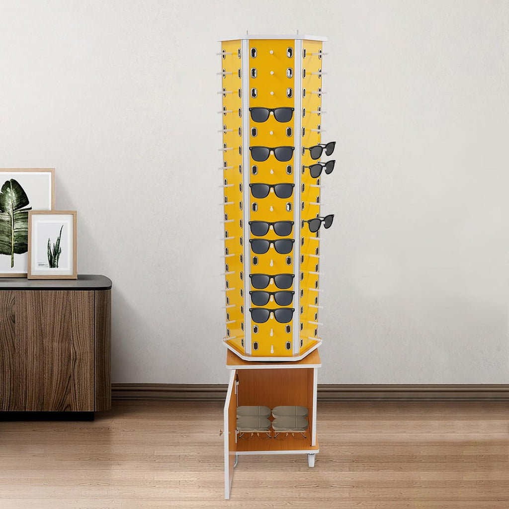 102 Pairs Rotating Glasses Display Stand, Eyewear Storage Organizer with Cabinet & Wheels, Commercial Sunglasses Display Rack, Optical Shop Glasses Holder (Yellow)