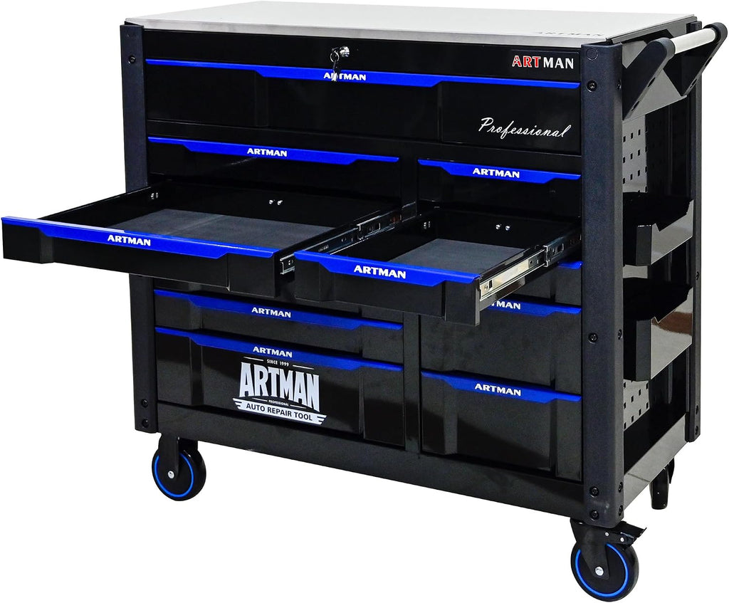 Large Tool Chest with Wheels, Rolling Toolbox with Drawers, Metal Storage Tool Cart with 41'' Stainless Steel Top and Side Handle for Garage, Shop (Bonus Drawer Liners) — Black/Blue