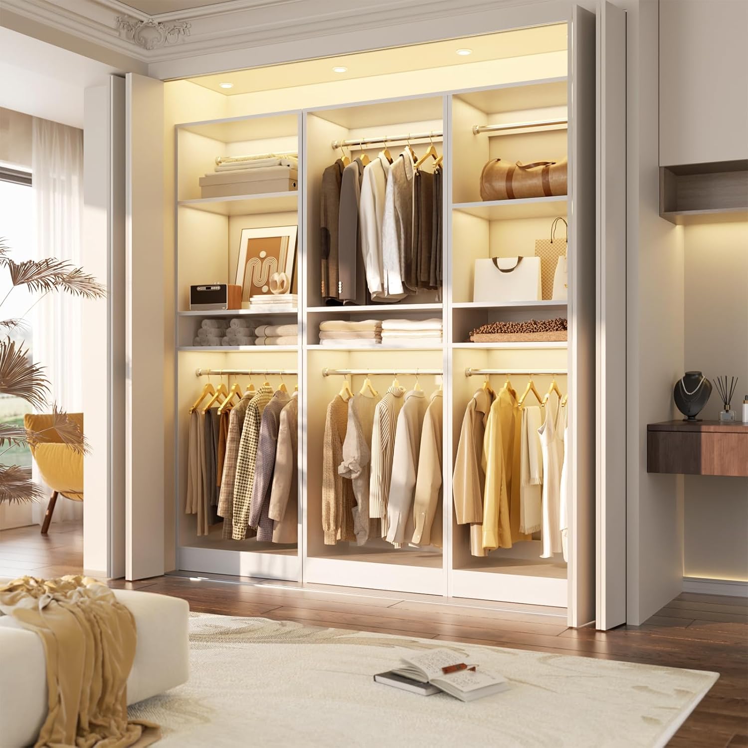 Unikito Freestanding Closet System, 25' Closet Organizer Wardrobe with Hanging Rods & Shelve, Adjustable Clothes Garment Rack, Sturdy Walk in Closet Tower, Easy Assembly, 25' W x 16' D x 80' H, White