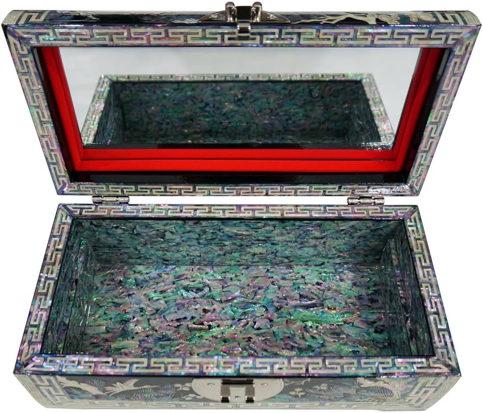 Mother of Pearl Asian Black Lacquer Wood Jewelry Trinket Keepsake Treasure Box Ring Case Chest Organizer