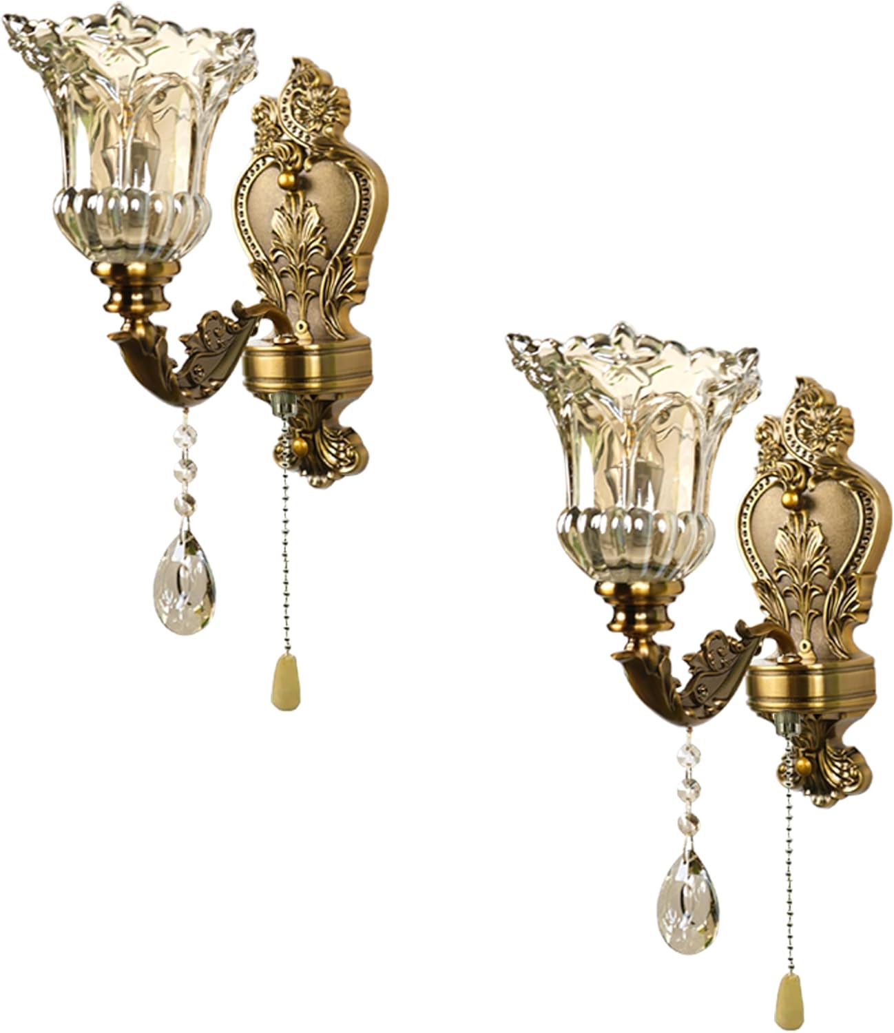 Vintage Wall Sconce Set of 2, Antique Brass Wall Light with Pull Chain On/Off Switch, Elegant Wall Mounted Lamp with Crystal Bedside Wall Lamp for Entrance, Bedroom, Hallway
