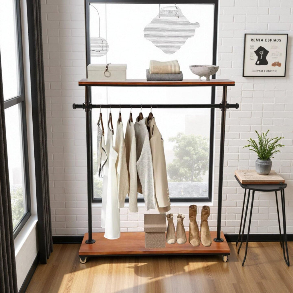 Industrial Pipe Clothing Rack, Pine Wood Shelving, Shoes Rack with Wheels, Cloth Hanger, Household Shoe Rack, Pipe Shelf, Garment Racks