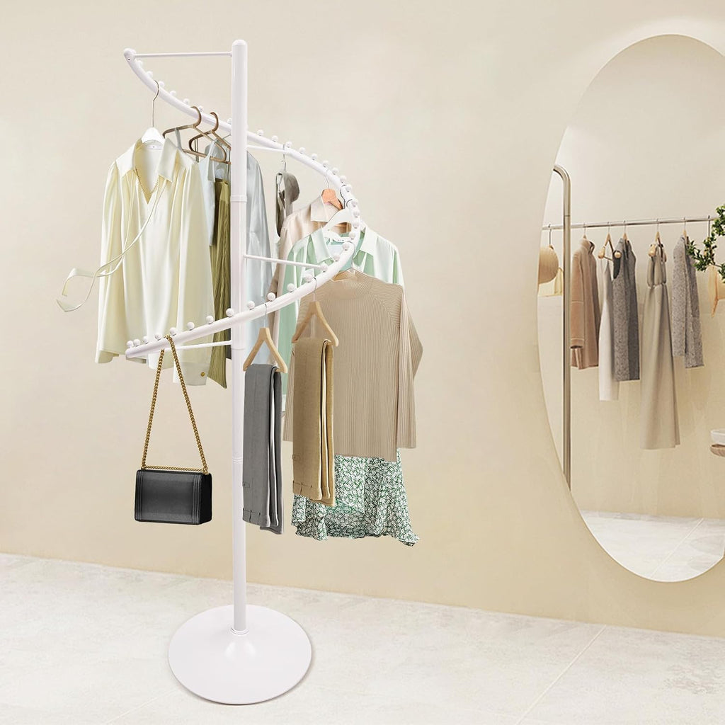 Floor Standing 360°Spiral Rotating Garment Rack, Heavy Duty Metal Clothing Display Rack With Divide Hooks, Stable Standing Retail Display Racks For Hanging Clothes, Hats, Bags