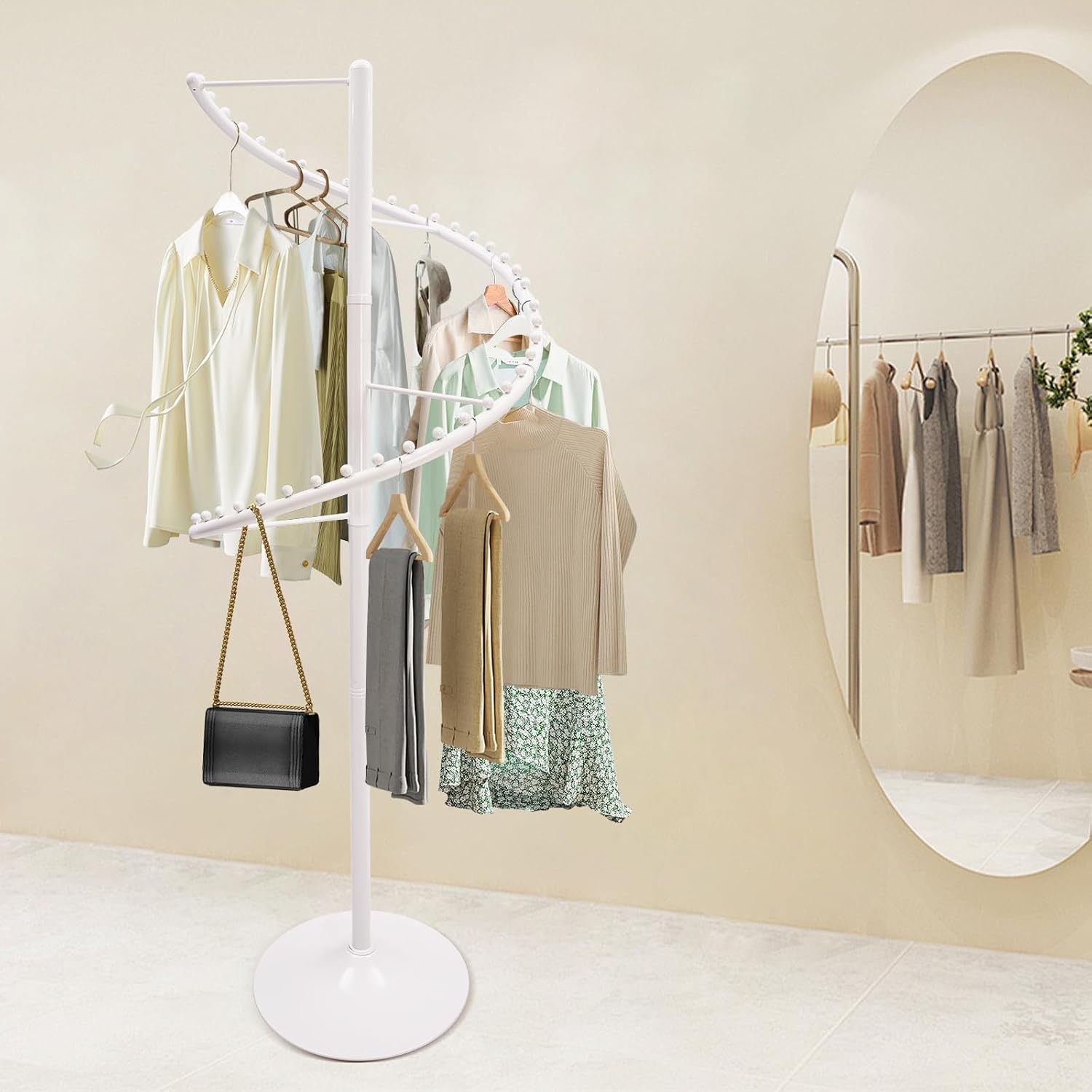 Floor Standing 360°Spiral Rotating Garment Rack, Heavy Duty Metal Clothing Display Rack With Divide Hooks, Stable Standing Retail Display Racks For Hanging Clothes, Hats, Bags
