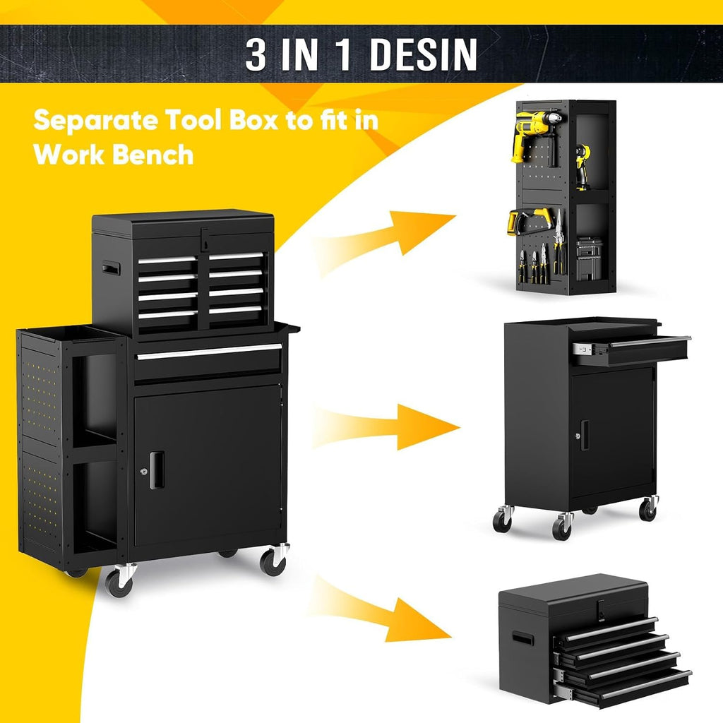 SILVEL 5-Drawers Rolling Tool Chest, Assembled Tool Box with Auto Locking System & Lockable Wheels & Sliding Drawers & Detachable Top, Tool Storage Cabinet