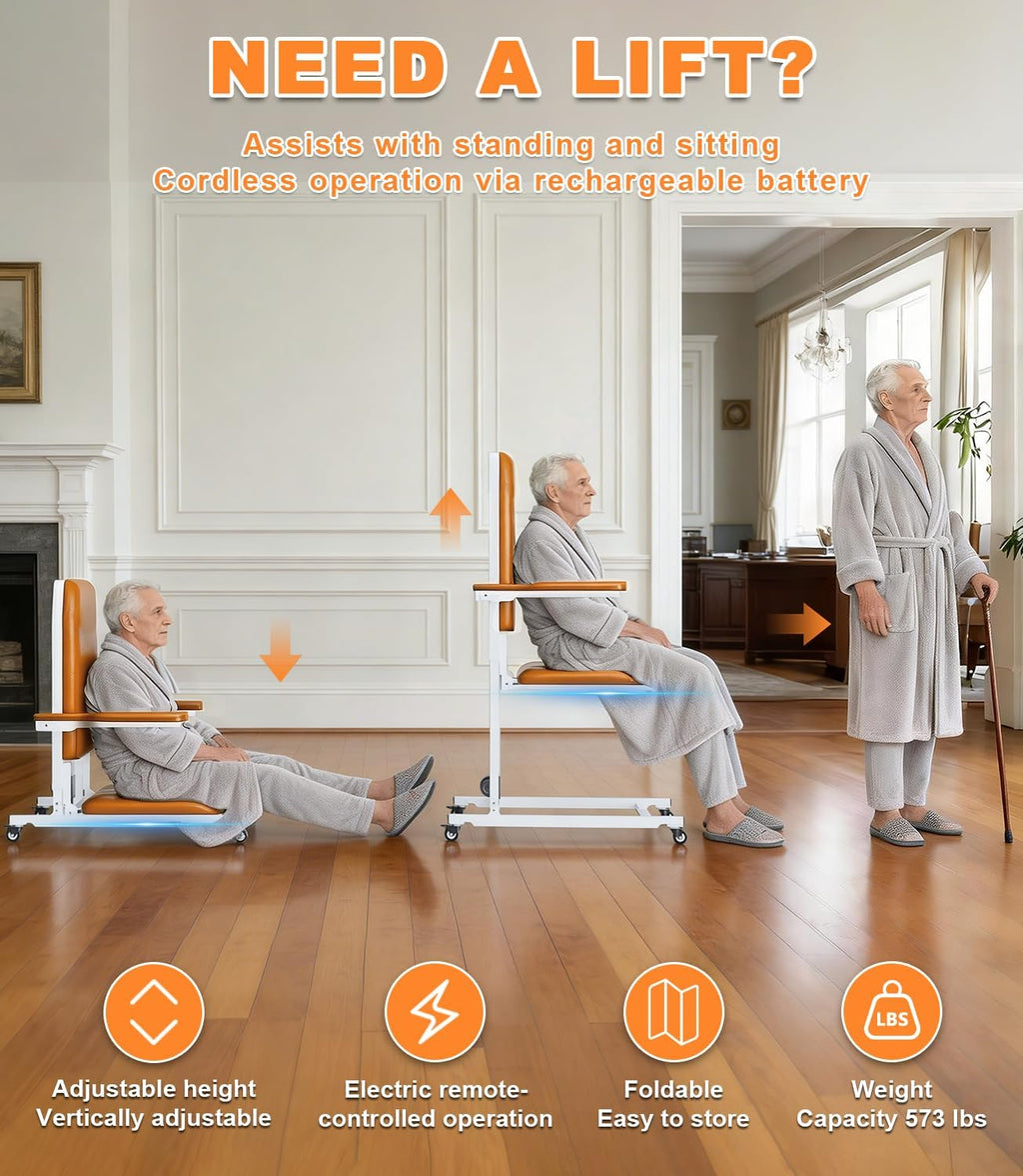 Lift Electric Lift Chair with Wheels - Foldable Standing Assist Chair Adjusts 4-20 in, Supports 573 lbs, Soft PU Cushion & Safety Strap for Elderly at Home & Care - Orange