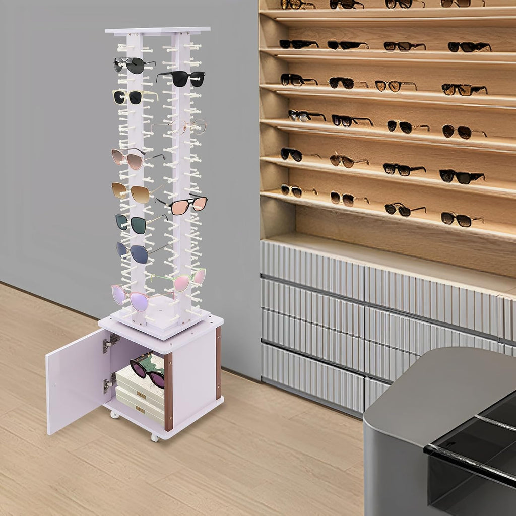 72 Pairs Sunglass Display Stand Retail 360° Rotating Glasses Holder Rack, Freestanding Sunglasses Holder Organizer with Rolling Storage Cabinet (Lilac)